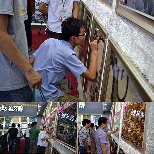 现场客商仔细观摩凯发K8国际2.0道厚系列爆晶微晶石