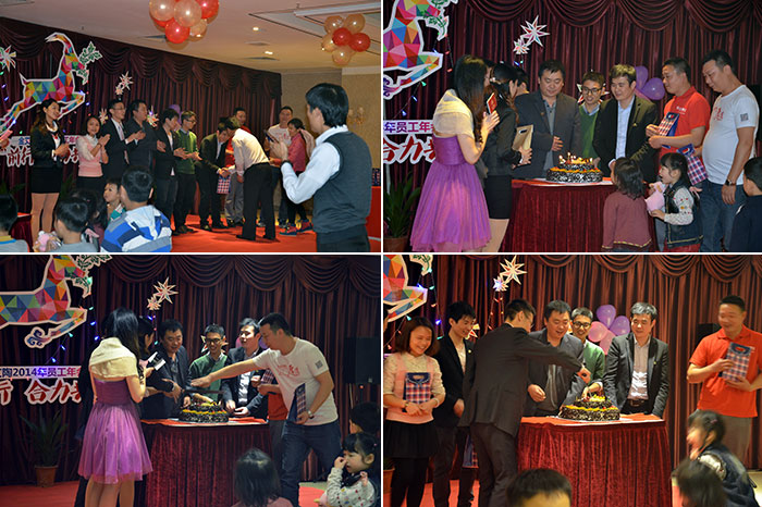 为生日的员工送上蛋糕，董事长还为寿星们送上细腻礼物